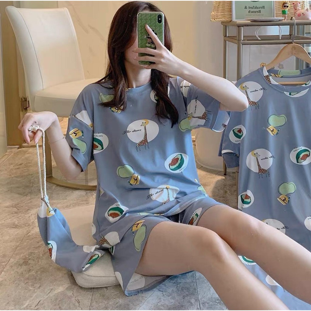 Baju Tidur Piyama Set/Piyama Wanita Import/Baju Piyama Pendek/Short Sleep Wear-K19- Biru Giraffe