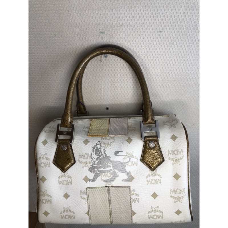 MCM Speedy Bag Tas Tabung Plat Besi Munchen Gold Putih White Preloved