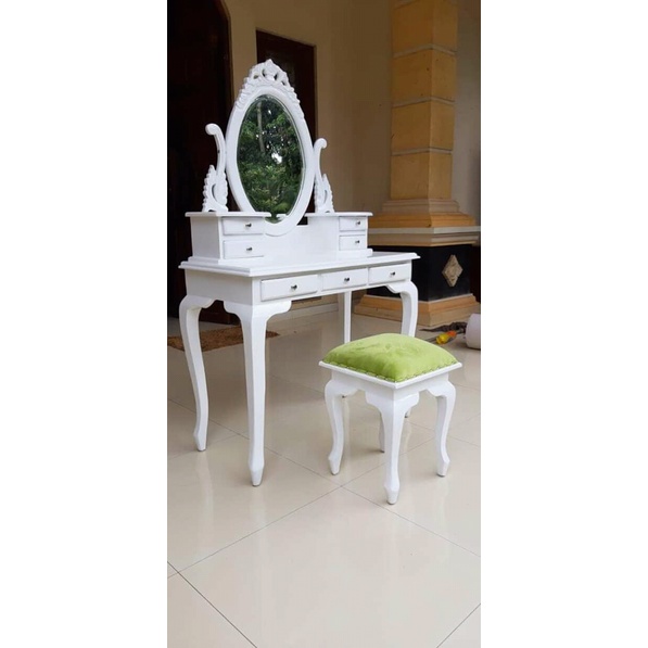 Meja rias ukir kayu jati model tolet Kartini duco putih