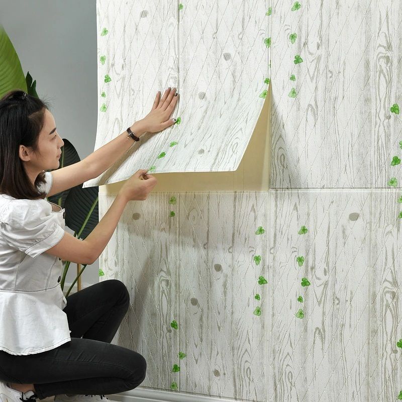 wallpaper foam sticker premium permukaan timbul motif kayu papan serat abu daun