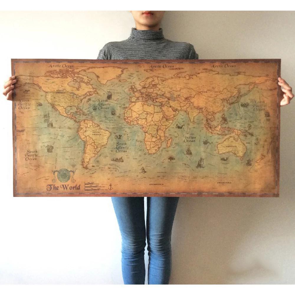 AUGUSTINA Peta Dunia Vintage Dekorasi Rumah Pribadi 71*36cm Poster Dinding Atlas Poster Retro Globe Map