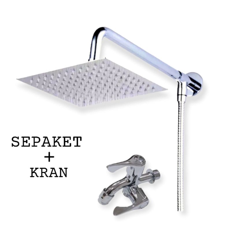 Shower Kamar Mandi Rainfall 8 inch Stainless Satu Set  / Shower mandi Tanpa Bobok Gratis Kran Cabang