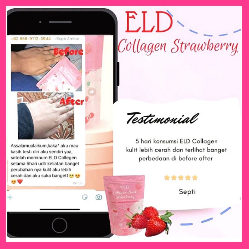 ELD COLLAGEN DRINK STRAWBERRY PEMUTIH BADAN &amp; PELANGSING BADAN BPOM &amp; HALAL MUI