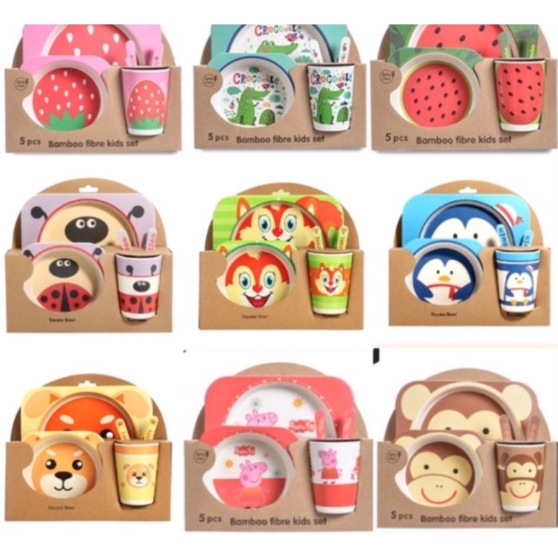 Peralatan Makan Anak Set 5 in 1 Bamboo / Peralatan Makan Bayi Piring Anak Set Sendok Garpu Gelas Mangkok Anak Variasi Desain