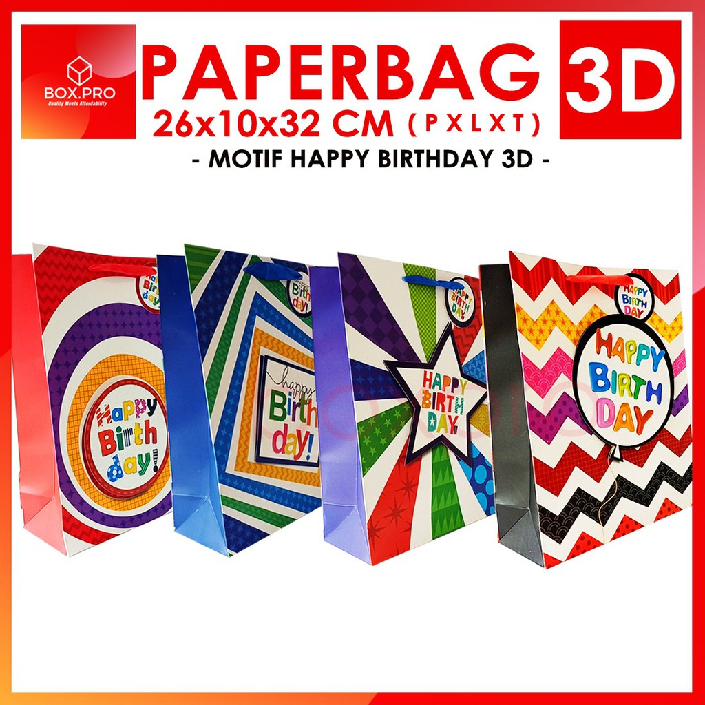 

Paper bag Kantong kertas 3D Aneka motif BIRTHDAY 26x10x32cm TEBAL import untuk kado