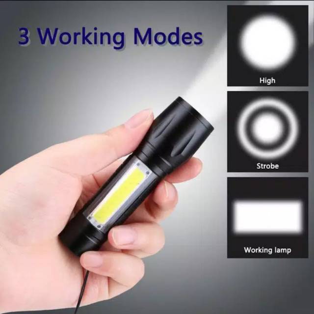 Senter mini XPE+COB led Q5 zoom usb charger - 3 Working modes on lamp