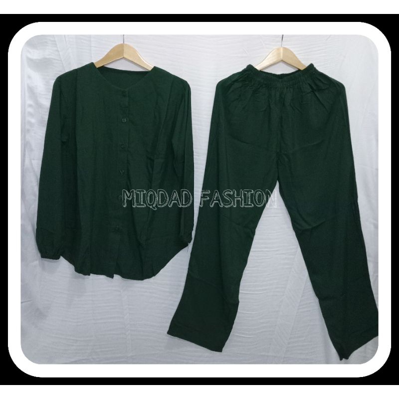 Pajamas Zahira -Pajamas Polos Rayon Tangan Panjang /Kancing Depan -piyama Wanita polos rayon tangan panjang/Baju tidur/pajamas jumbo-Hijau Botol