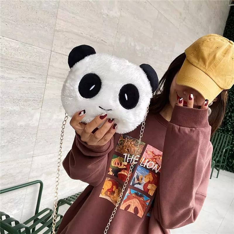 Tas Selempang Panda Bulu / Tas Boneka Panda Rante Terbaru Korean Style