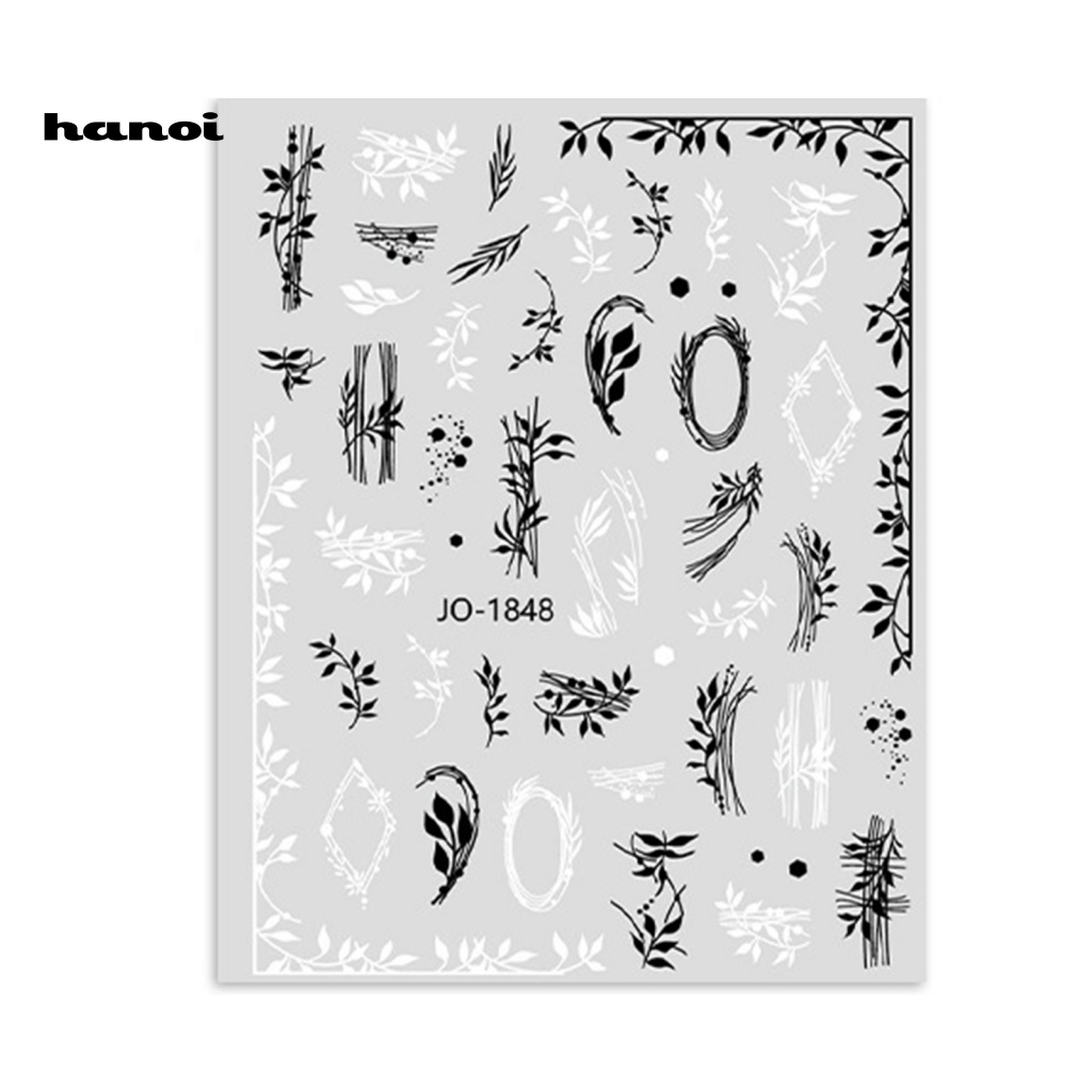 Han_stiker Kuku Motif Bunga Mawar / Daun Warna Hitam / Putih Untuk Nail Art