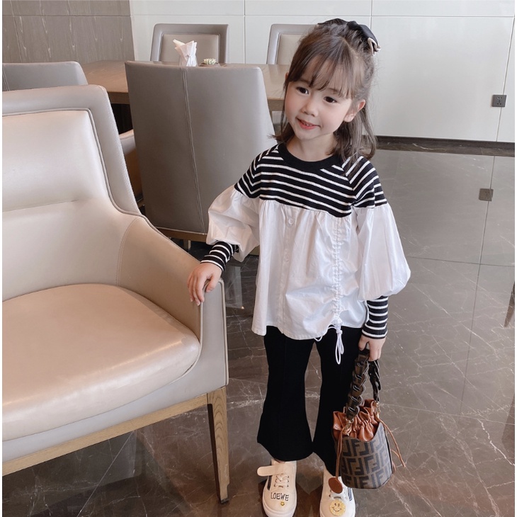 babyfit [3-8th]AIYU setelan blus bergaris hitam putih dengan celana panjang baju anak perempuan import al-0522r