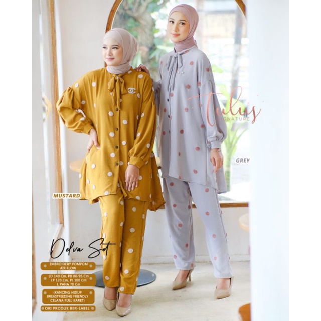 Elmecca One Set Muslimah Setelan Polkadot Long Tunik Celana Jumbo BigSize Ld140 XXXXL Embroidery Air