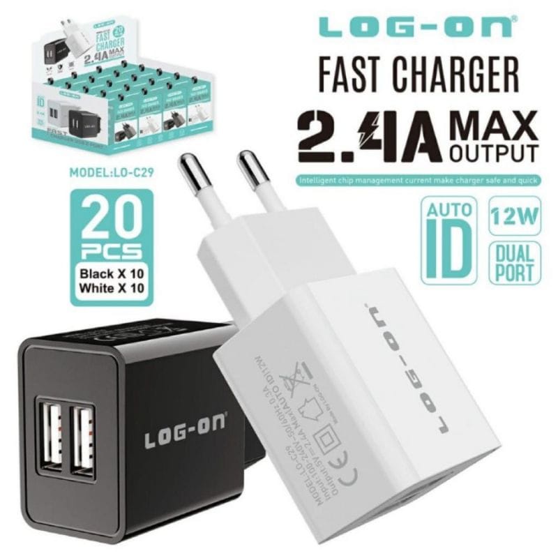 Batok Charger LOG-ON LO-C29 2USB ORIGINAL Kepala Casan LOG-ON LO-C29 2.4A Fast Charging