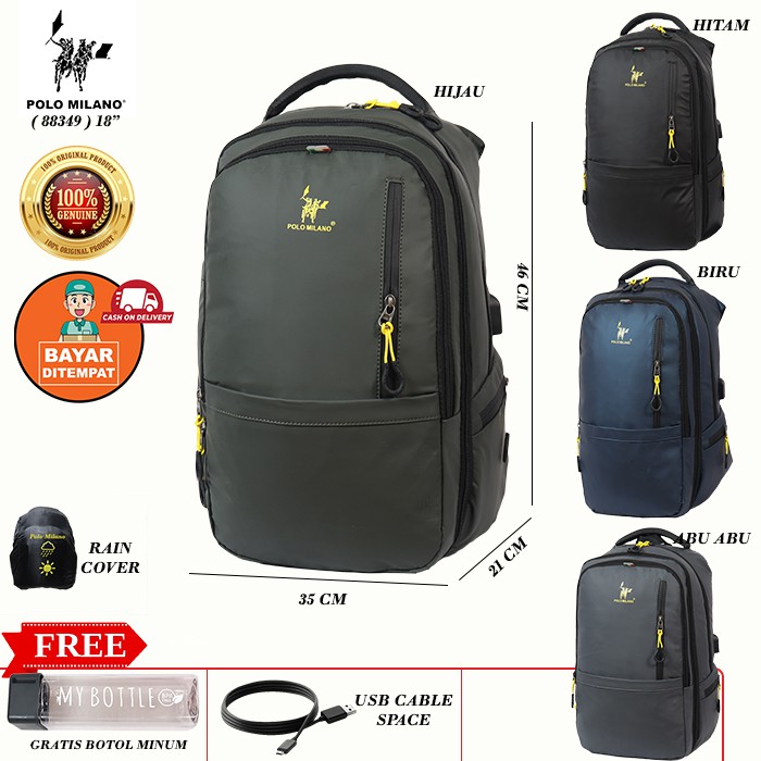 TAS RANSEL IMPORT TERMURAH BIG SALE POLO MILANO - 88349 - TAS RANSEL PRIA USB ANTI AIR READY STOCK