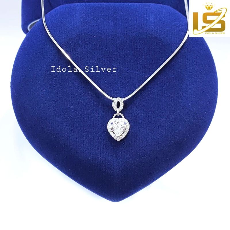 SET KALUNG PERAK ASLI SILVER WANITA 925 LAPIS EMAS PUTIH MODEL LIONTIN LOVE 2 SUSUN PERMATA - PERHIASAN PERAK WANITA