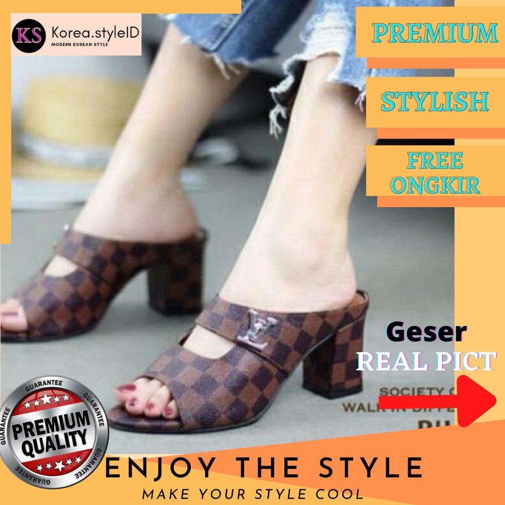 high heels hak tahu hitam coklat LV