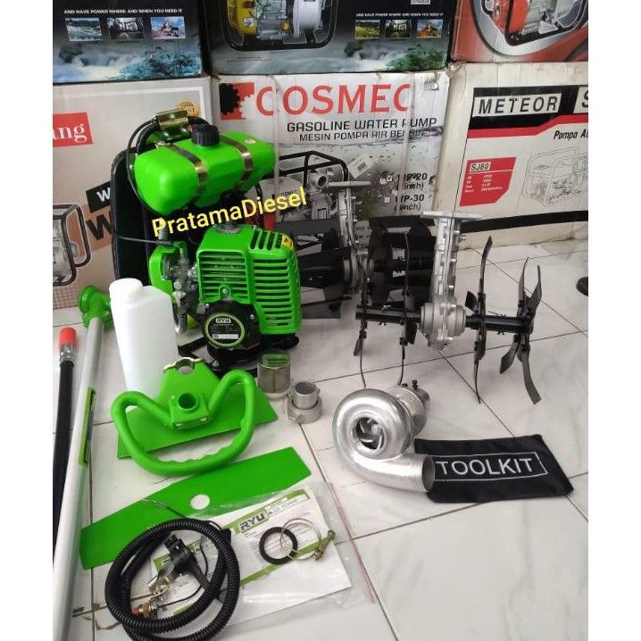 Paket(4in1)Mesin potong rumput RYU RBC2T+2Cultivator bajak sawah+Pompa WP10