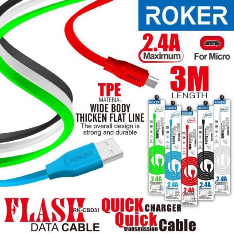 KABEL DATA 3 METER MEREK ROKER FLASH 2.4A FOR MICRO ANDROID