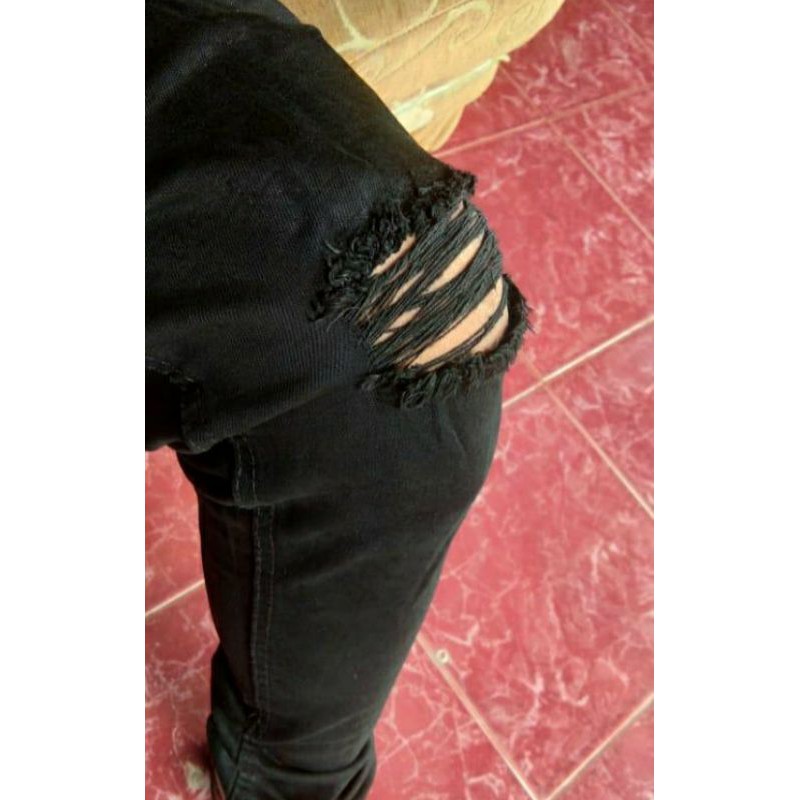 Celana jeans sobek lutut pria ripped jeans celana panjang hitam pria street melar skinny jeans pria