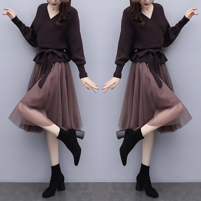 Single / suit new fashion sweater knitwear set women's autumn and winter mesh skirt two-piece set la