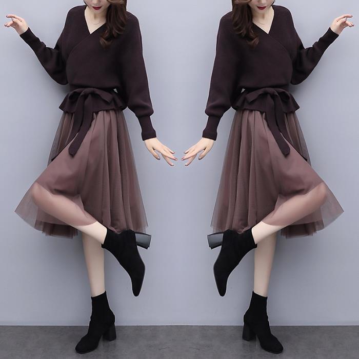 Single / suit new fashion sweater knitwear set women's autumn and winter mesh skirt two-piece set la