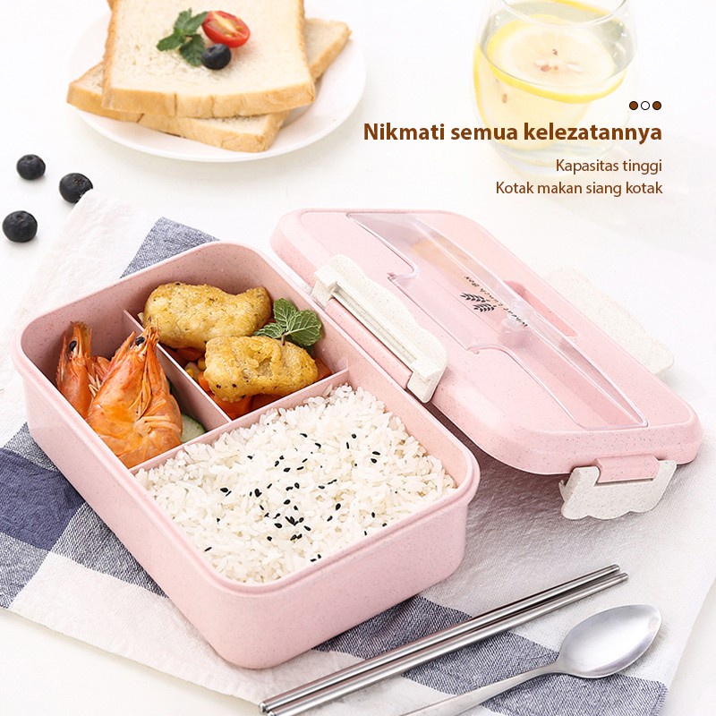 Lunch box 3 Warna PP Jerami Gandum 1000 ml Lunch Box With Free sendok+ sumpit /  Plastik lunch box tempat makan Anti Tumpah 1000 ML kotak makan With Free Sendok BPA Free