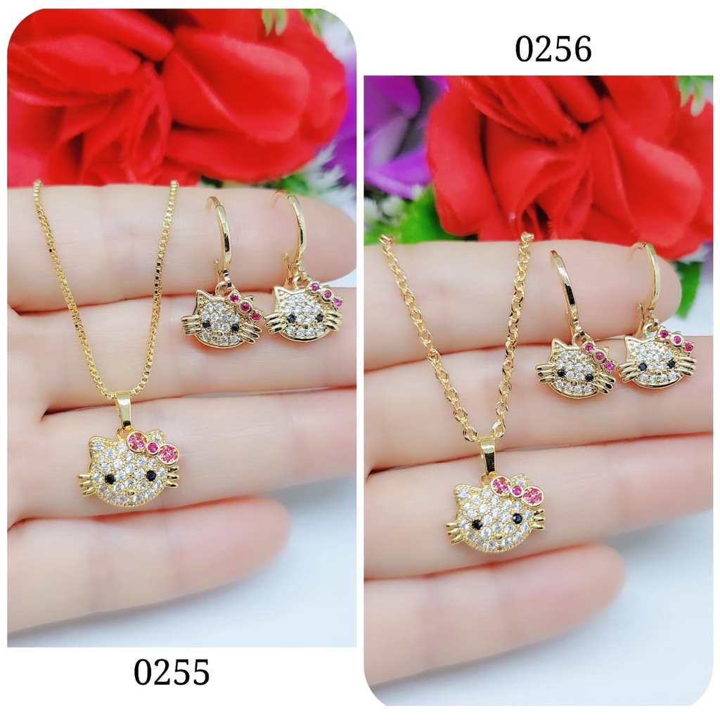 Xuping kalung dan anting Hello Kitty permata lapis emas 0255,0256