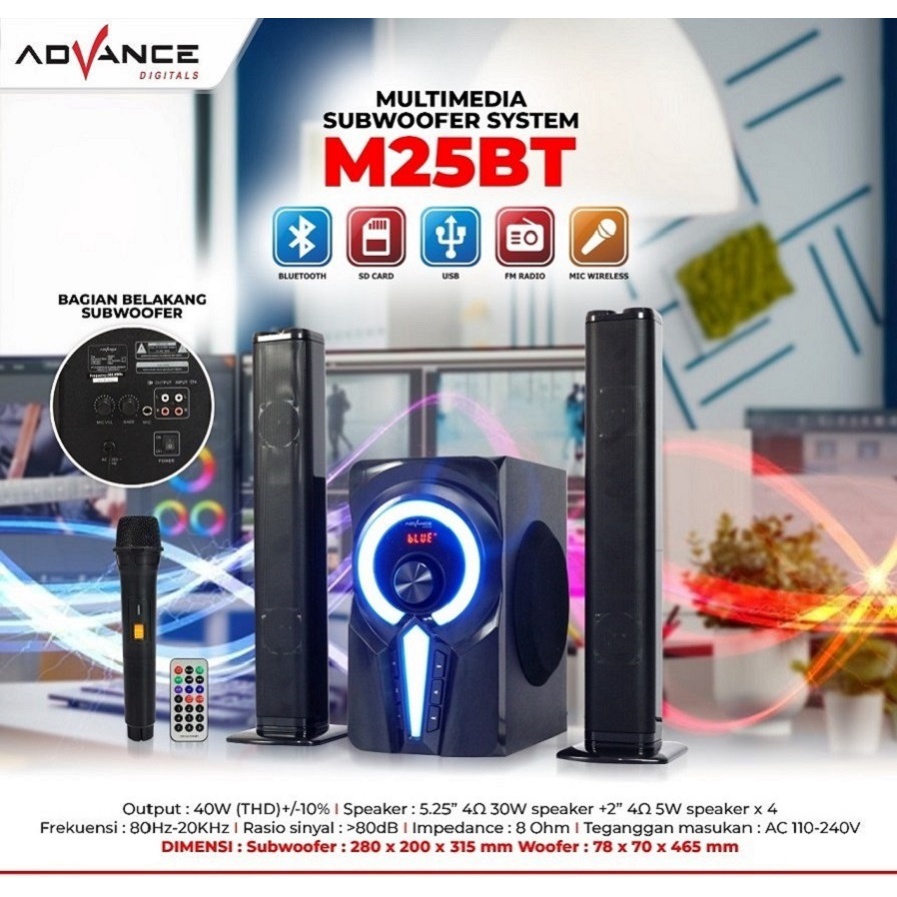 Advance Digitals M25BT Speaker Stereo Bluetooth Xtra Bass Subwoofer Garansi Resmi 1 Tahun Bisa Karoke Gratis 1 Mic I