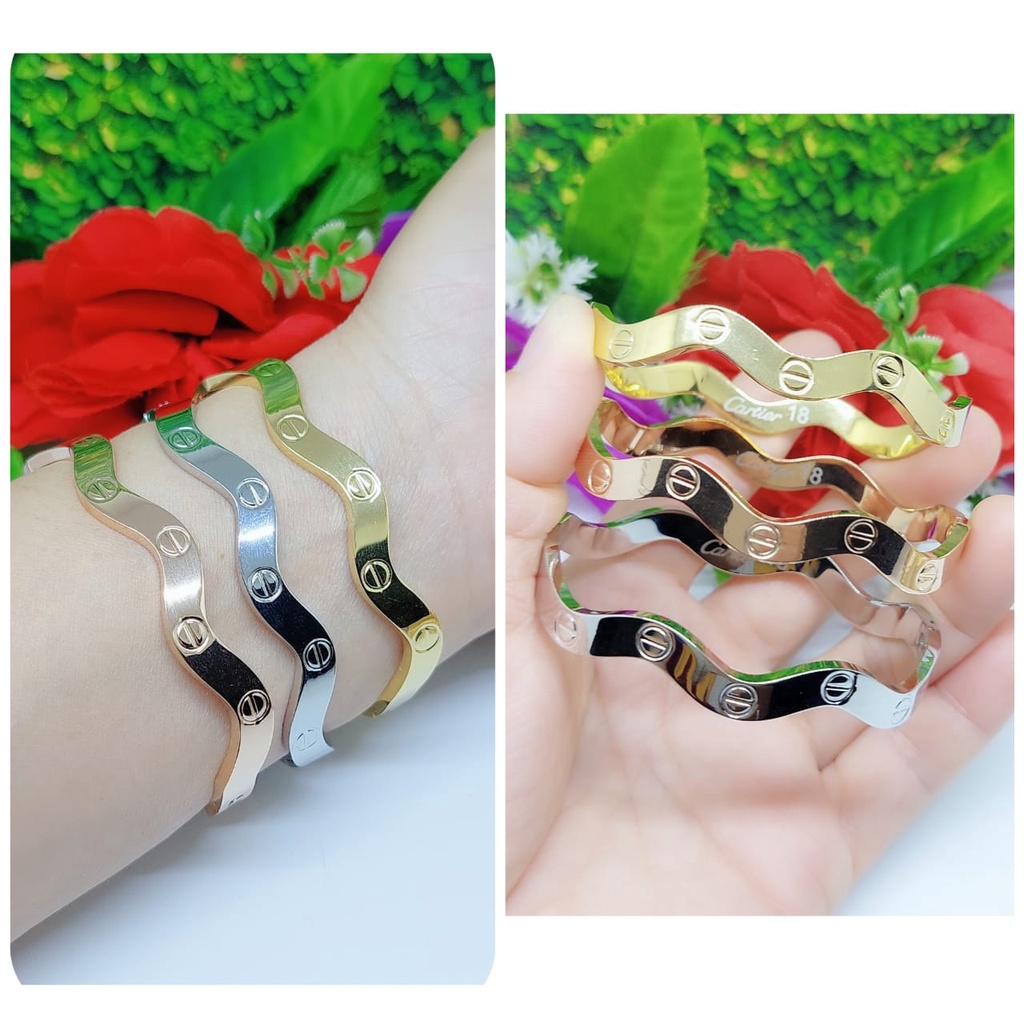 Titanium gelang dan cincin berbentuk gelombang perhiasan fashion （lebar6mm dan 4mm) 9973