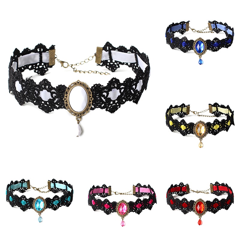 Kalung Choker Bahan Velvet Aksen Renda Warna Hitam Gaya Vintage Gothic