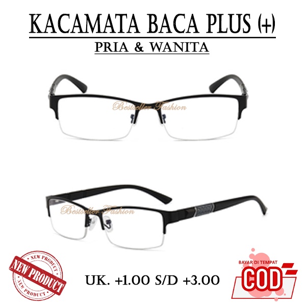 Kacamata Baca Lensa Plus Uk. +1.00 s/d +3.00 Model Gantung Half-Rim Trendy pria wanita Warna Hitam Gaya Vintage Klasik FREECASE