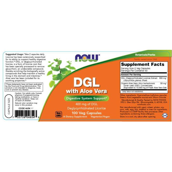 Now Foods DGL With Aloe Vera 400mg 100 Veg Capsules Ori USA