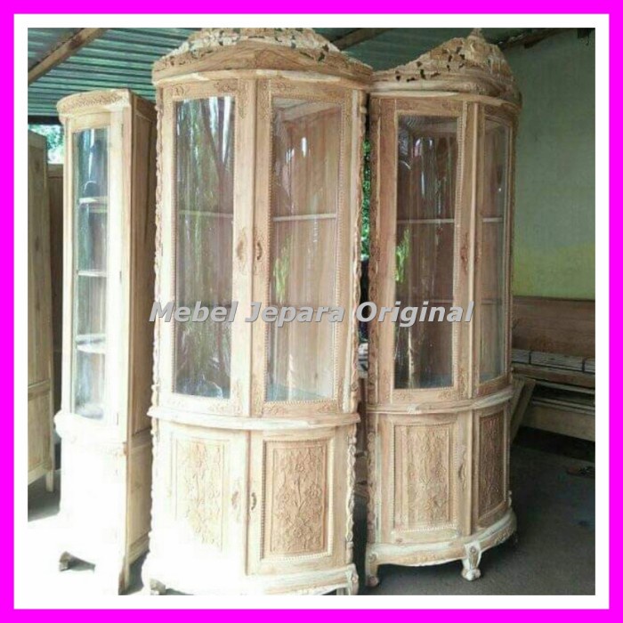 Lemari Hias Ukir Pojok Kayu Jati - Lemari Pajangan Kaca Mentah Jepara Murah