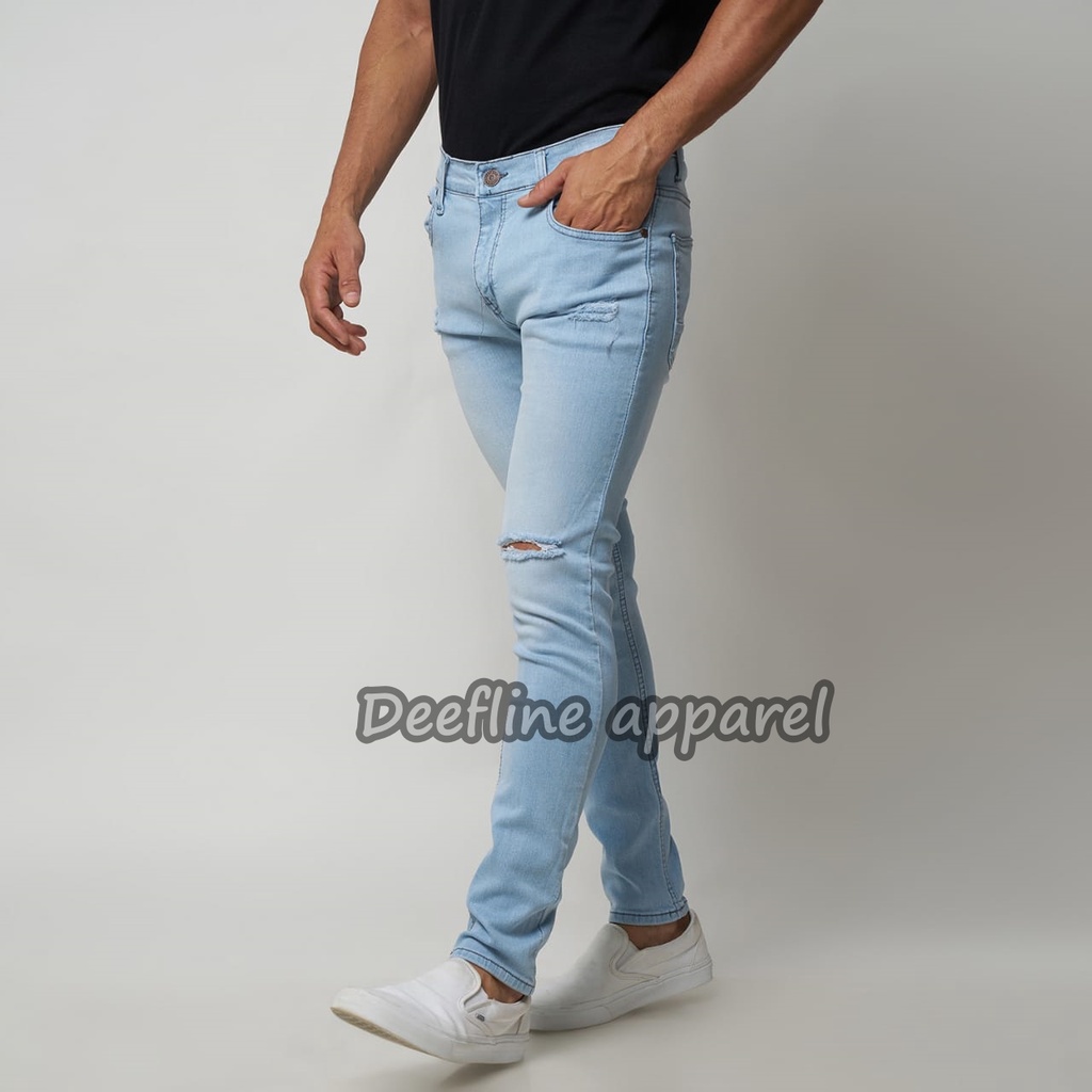 Deefline - Celana Jeans Pria Skinny Slimfit Ripped Jeans ICE BLUE