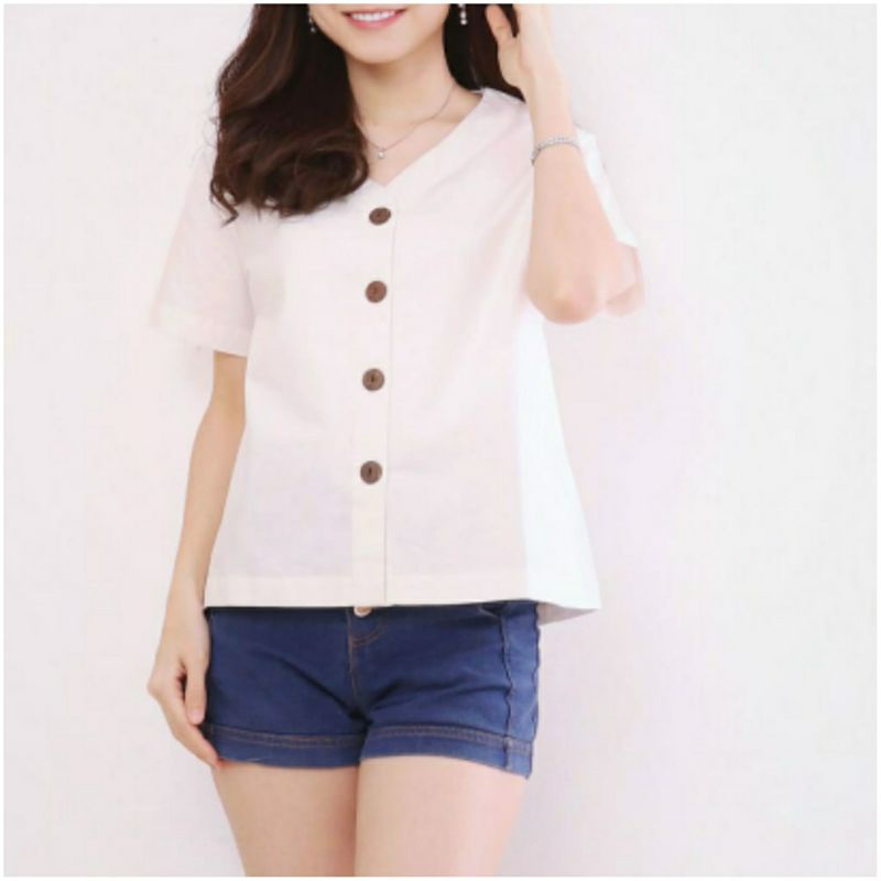 Atasan Blouse Wanita Lengan Pendek Polos Bahan Katun, Wendy Blouse#-Wendy White