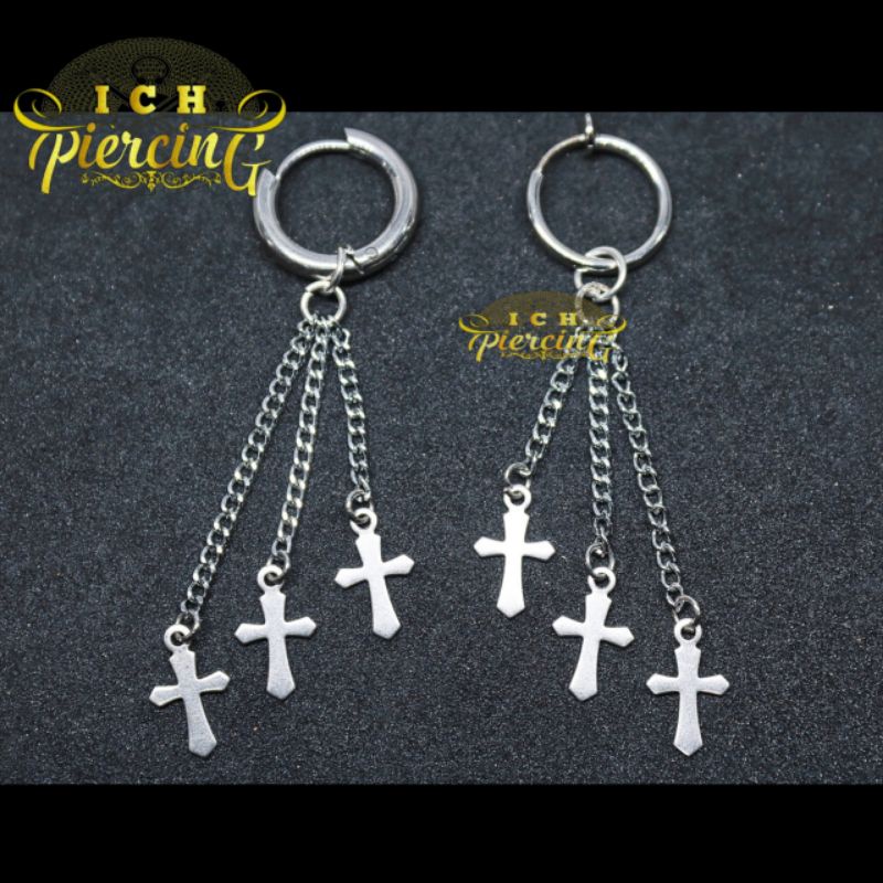 anting Hoop rantai salib 3 / anting titanium silver tindik dan jepit / ICH PIERCING