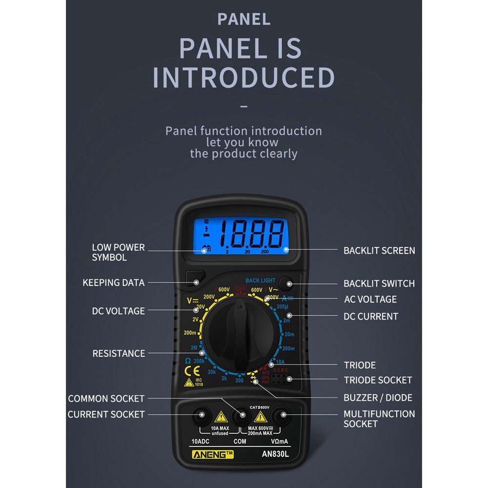 Nanas Digital Smart Multimeter ANENG AN830L 1999menjumlah OHM Tranistor NCV Tester Voltmeter