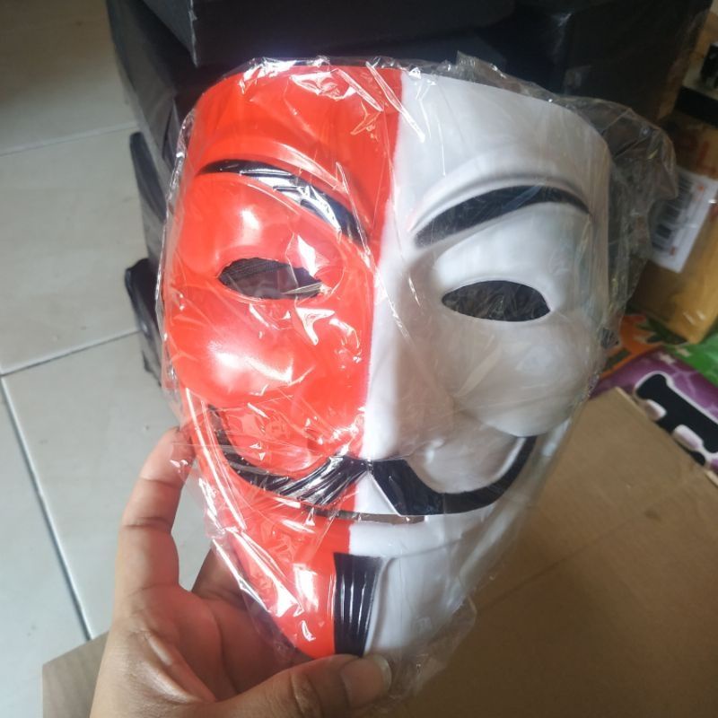 (Packing Box) Topeng anonymous merah putih topeng hacker merah putih eceran murah topeng anonymous