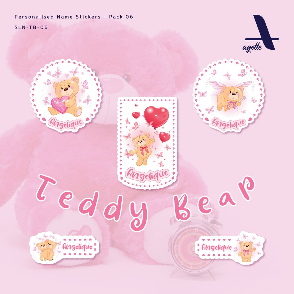 

65 PCS - Stiker Label Nama Teddy Bear Pink - 06 - Laminasi Waterproof