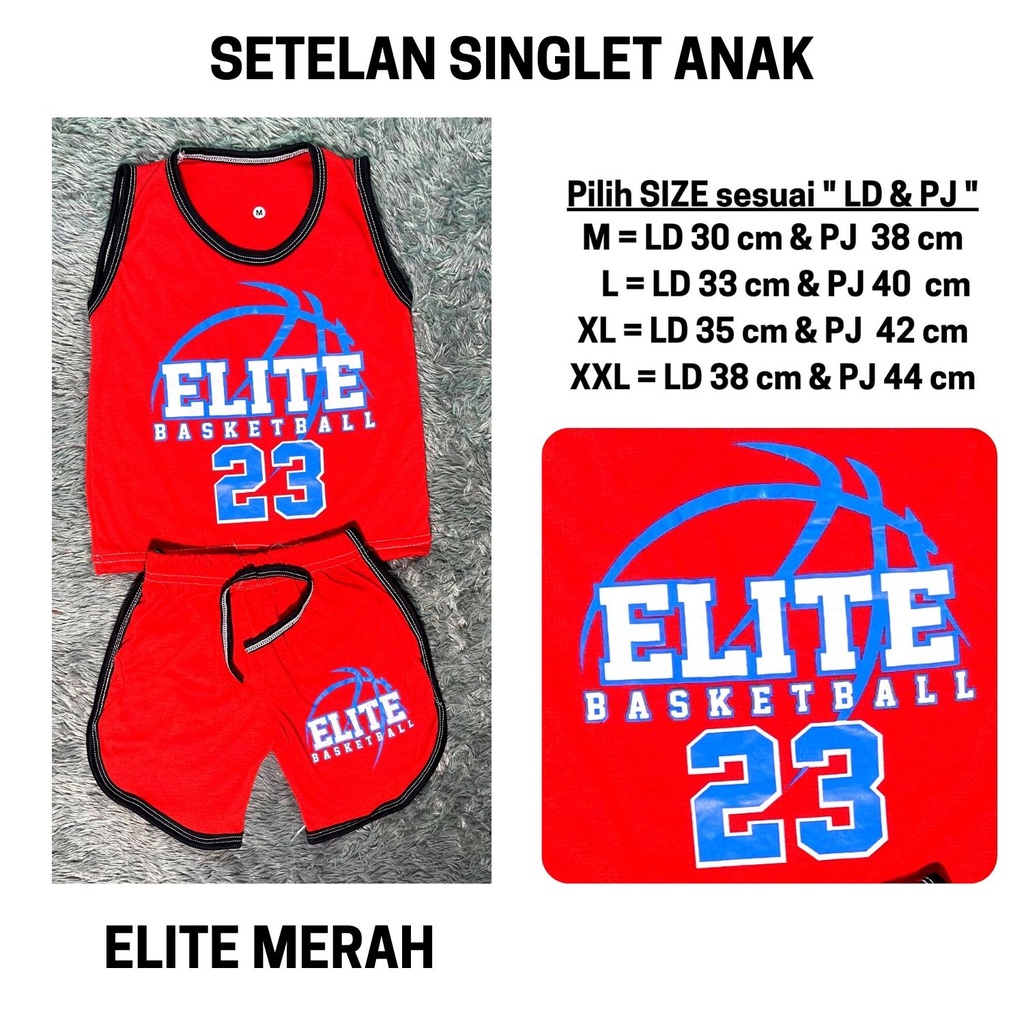 Setelan Anak Laki Laki Stelan Baju Kutung Lekbong Cowok Kaos Bola Basket Singlet Cowo Murah Celana Pendek Harian 3 4 5 6 Tahun Kode 14-14 ELITE MERAH