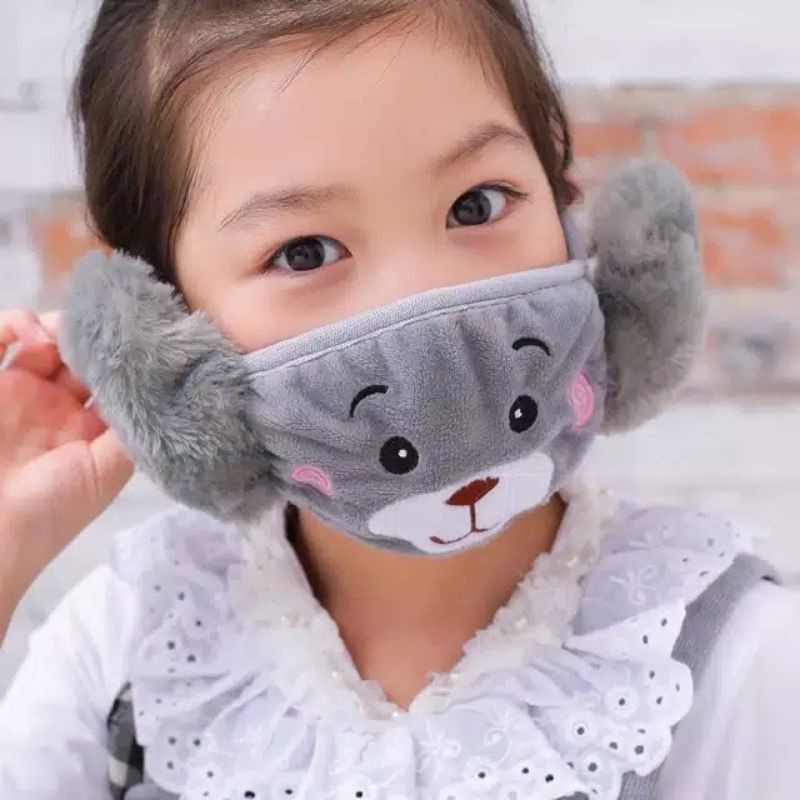 Masker Anak motif bulu di telinga lucu lucu