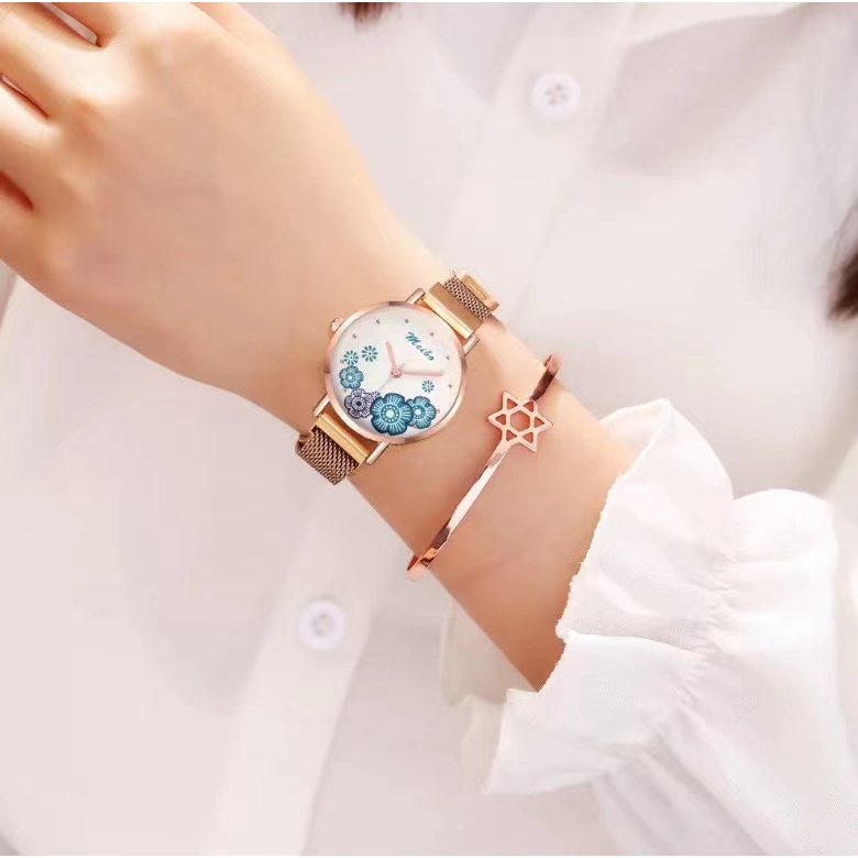 Rowling (Jam-31) jam Tangan Wanita Bulat Stainless Jam Tangan Motif Bunga Meibo dengan Strap Magnet Import