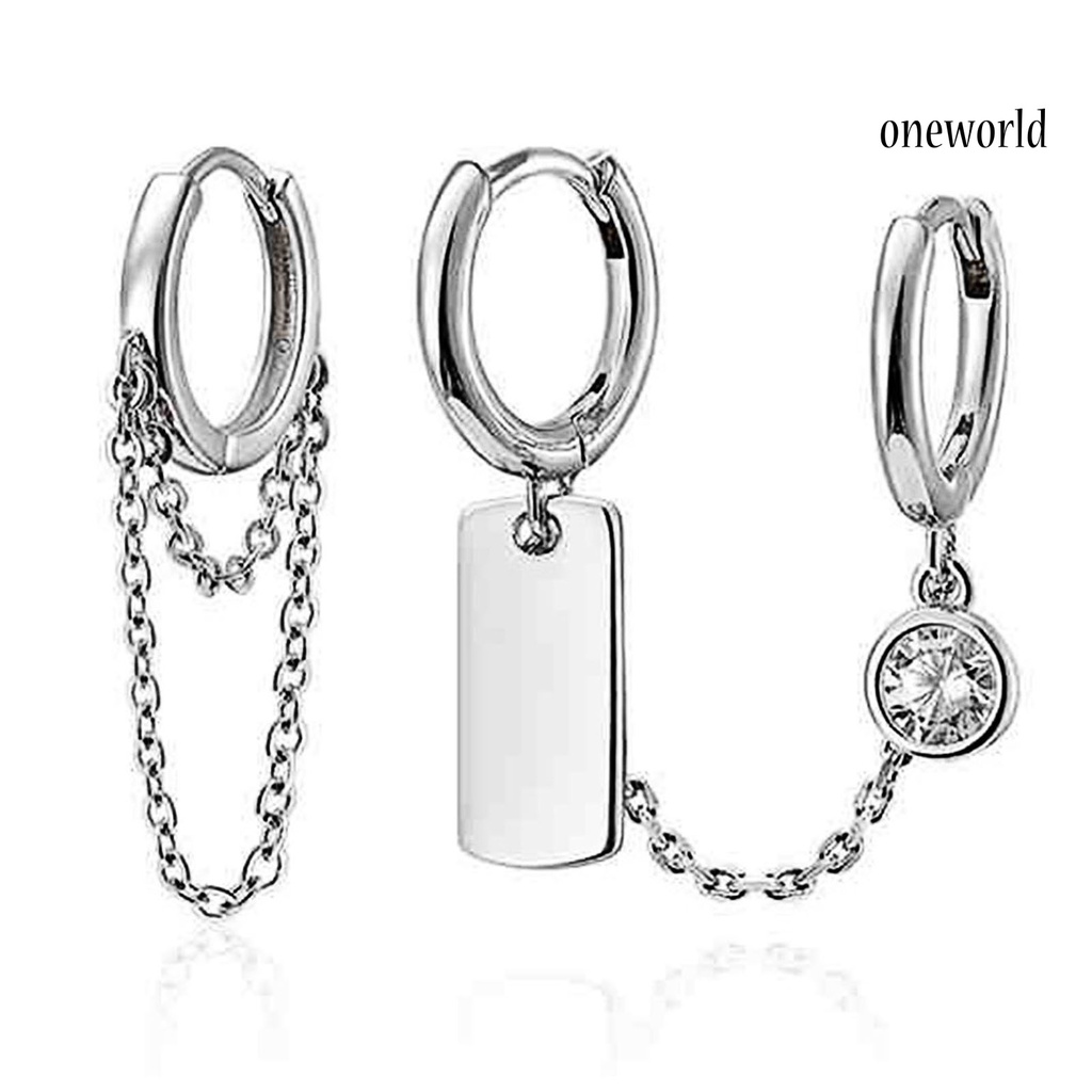 OW# 2Pcs/Set Chain Pendant Circle Alloy Piercing Asymmetric Ear Clips Hoop Earrings for Daily Life