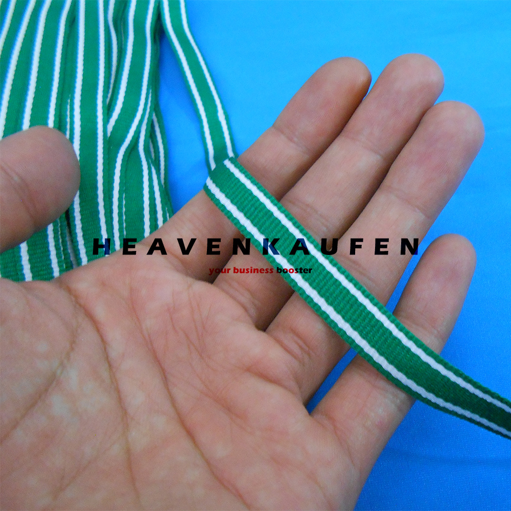 Webbing Strip Halus Lebar 1 cm Warna Hijau Strip Putih Harga Per Rol isi 18 Meter