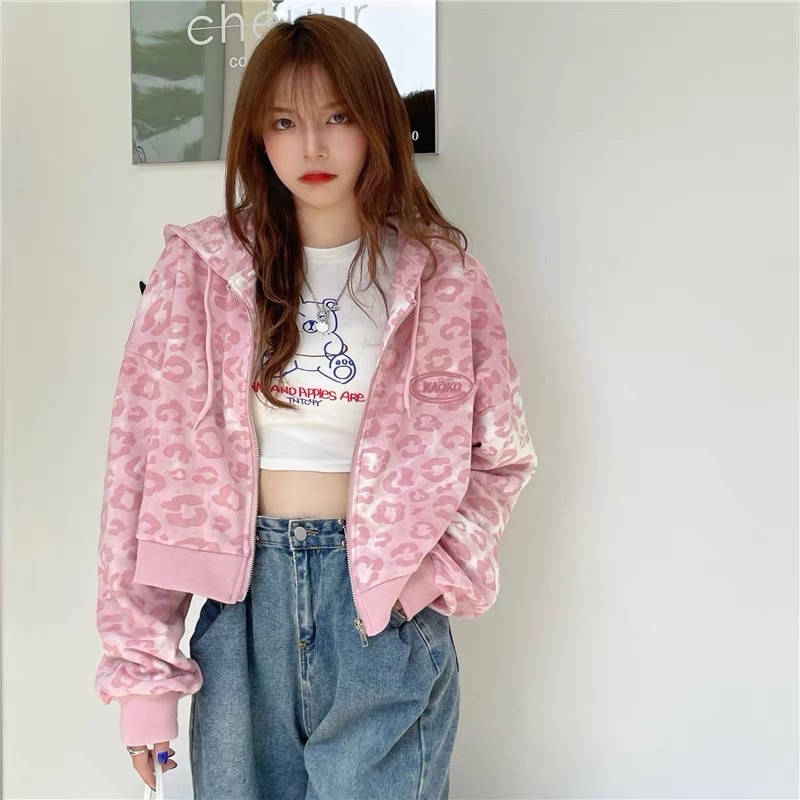 [ready stock] leopard pink crop jacket | atasan jaket motif macan gaya korea santai