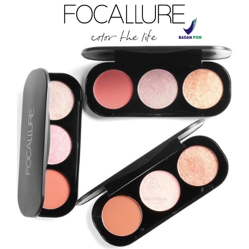 FOCALLURE 3 Colors Blush On &amp; Highlighter Palette Face Highlighter Powder del BPOM FA-26 FA26 FA 26