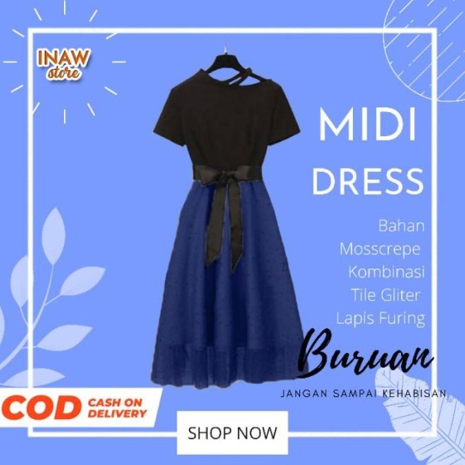 Midi Dress Korea Outfit Pakaian Pesta Natal Casual Wanita Remaja Navy