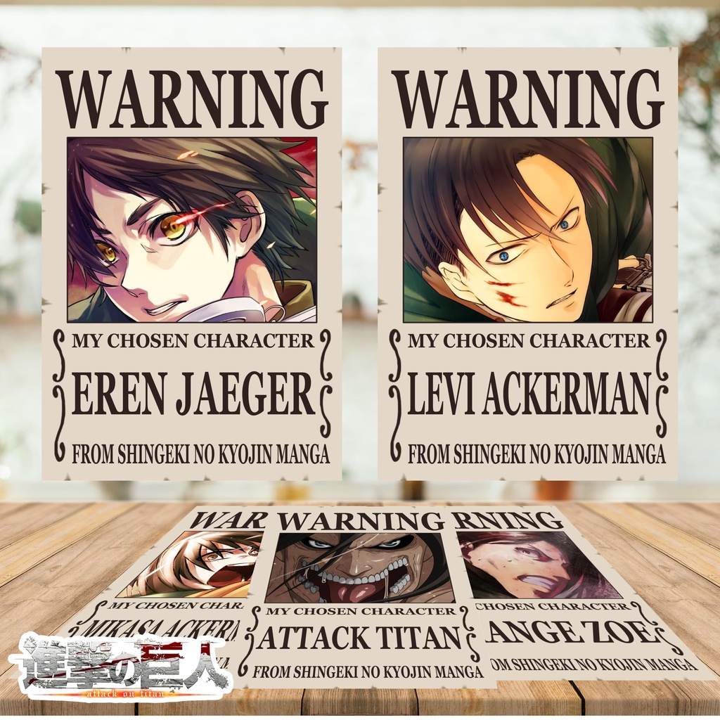 Poster A4 &amp; Pola Deco Mini Poster Warning Anime Shingeki no Kyojin (Attack on Titan) Terlengkap - Karakter Eren Mikasa Levi Armin Erwin Jean Sasha