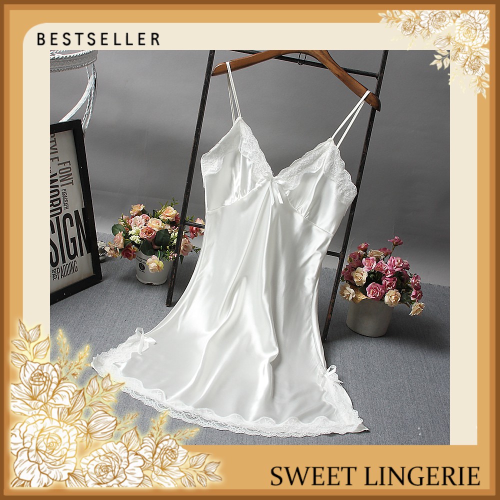 Lingeri Lingerie Set Baju Gaun G String Underware Tidur Wanita Dewasa Sexy Seksi Hot Satin Premium Lingerie Sexy Renda  Baju Tidur Sexy Dress Wanita Dewasa Lingerie Jumbo Setelan Wanita Baju Dinas Depan Suami Sleepwear Gstring Baju haram  Termurah Baju-Putih