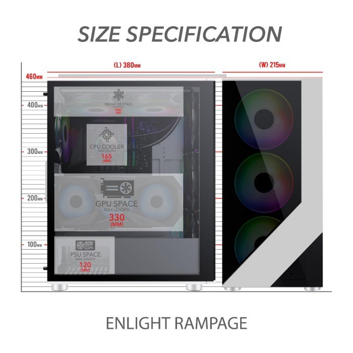 ENLIGHT RAMPAGE- FRONT SIDE TEMPERED GLASS MID Tower ATX Case 4 FAN