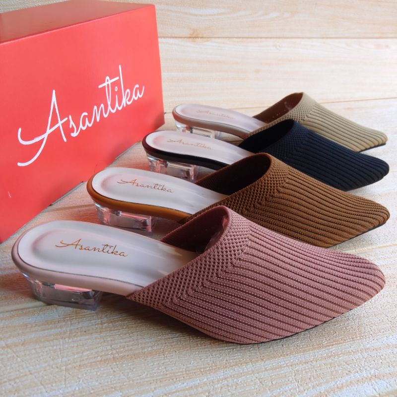 Asantika Sandal Sendal Heels Rajut Hak Kaca Pendek 3 Cm Kuat Empuk Nyaman Big Size Jumbo 41 42 43 44